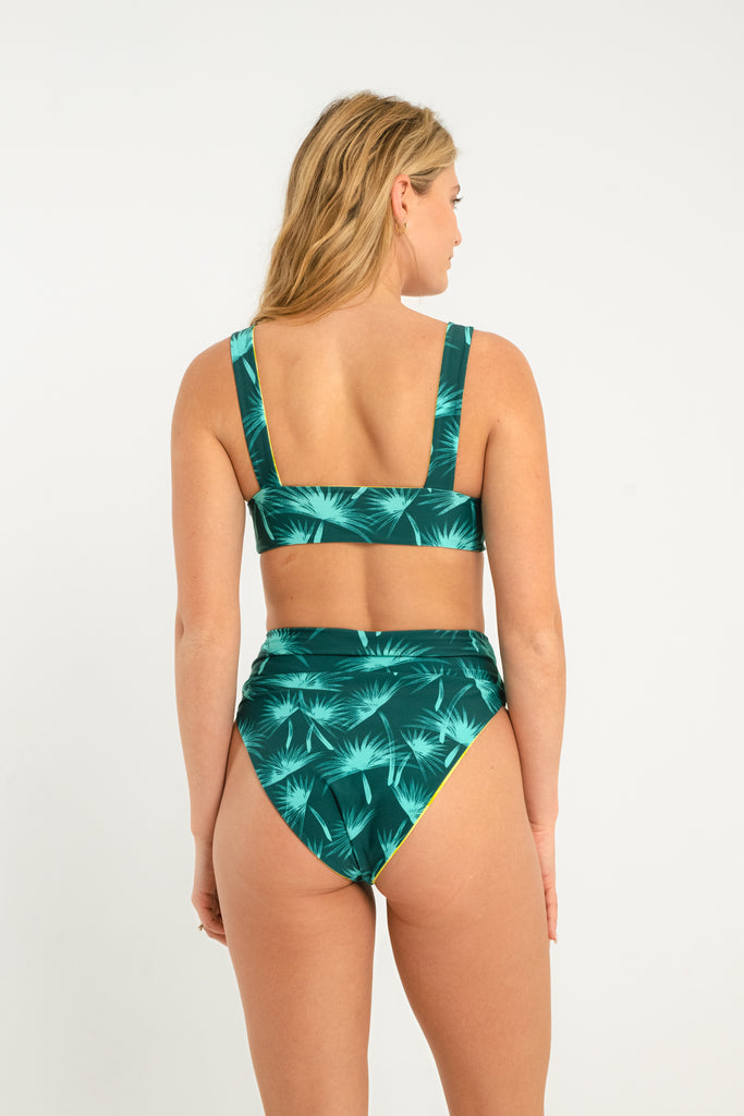 teal and lime palm printed high waisted reversible moderate coverage swim bottoms