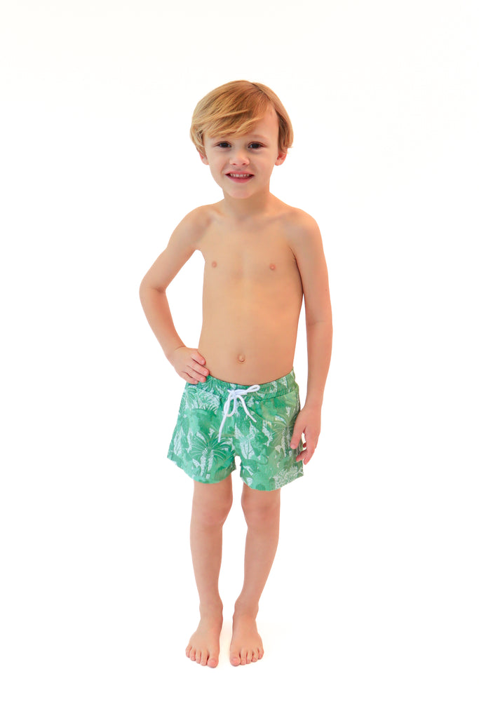green tropical printed boys boardshort with elastic waist and drawstring tie