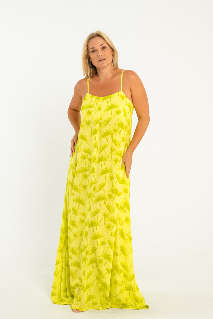 lime palm printed maxi dress with thin straps and tie back