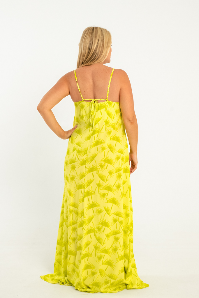 lime palm printed maxi dress with thin straps and tie back