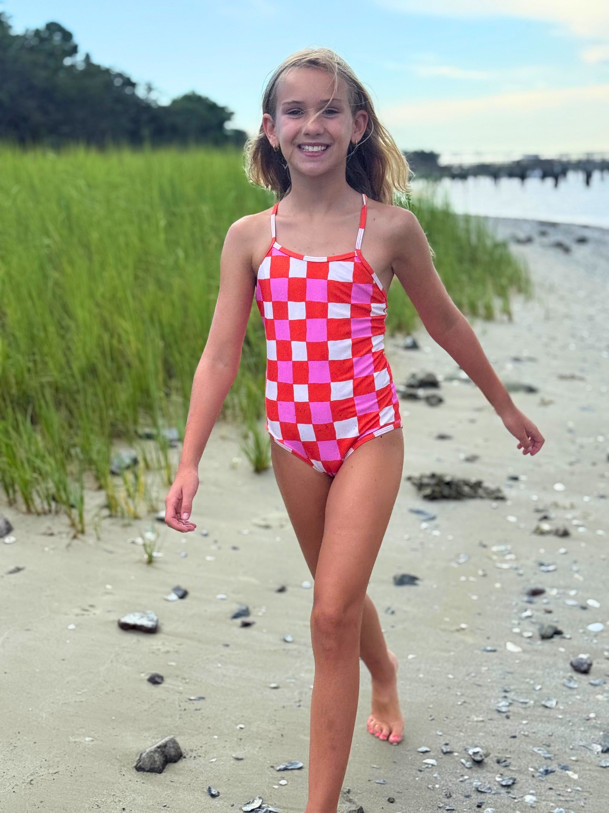 Nell One Piece (kids) // Pink & Orange Check – Citrine Swim