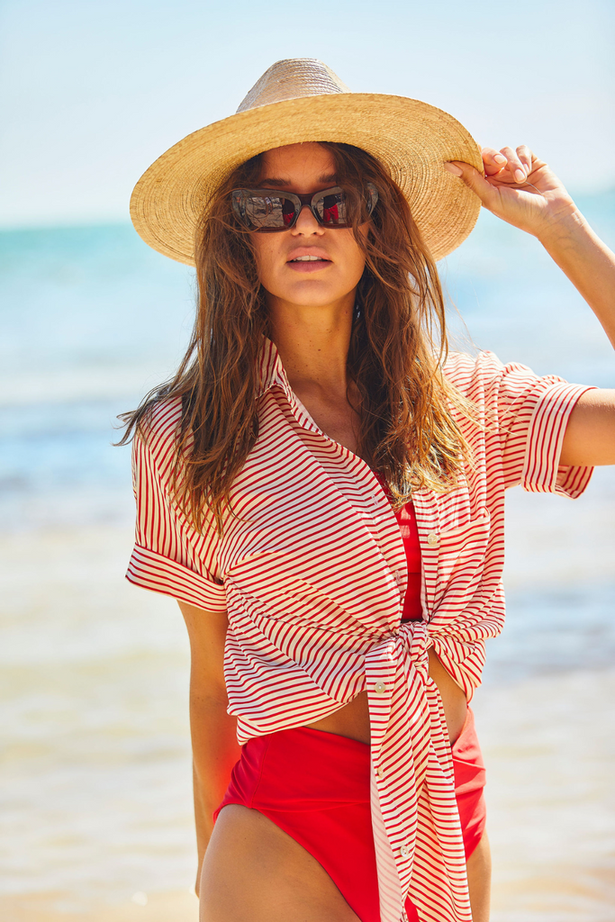 red and white stripe short sleeve button up top 