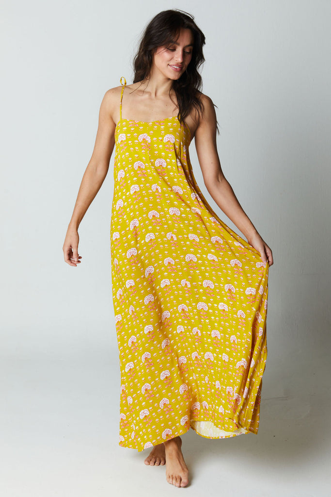 olive printed maxi dress with tassle ties at the shoulders 