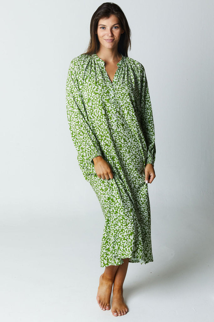 green and white floral printed long sleeve midi dress with vneck 