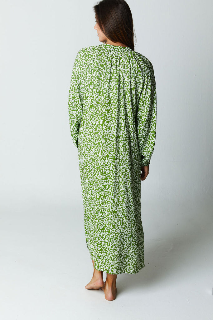 green and white floral printed long sleeve midi dress with vneck 