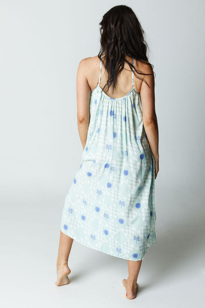 blue and white printed midi dress with halter top