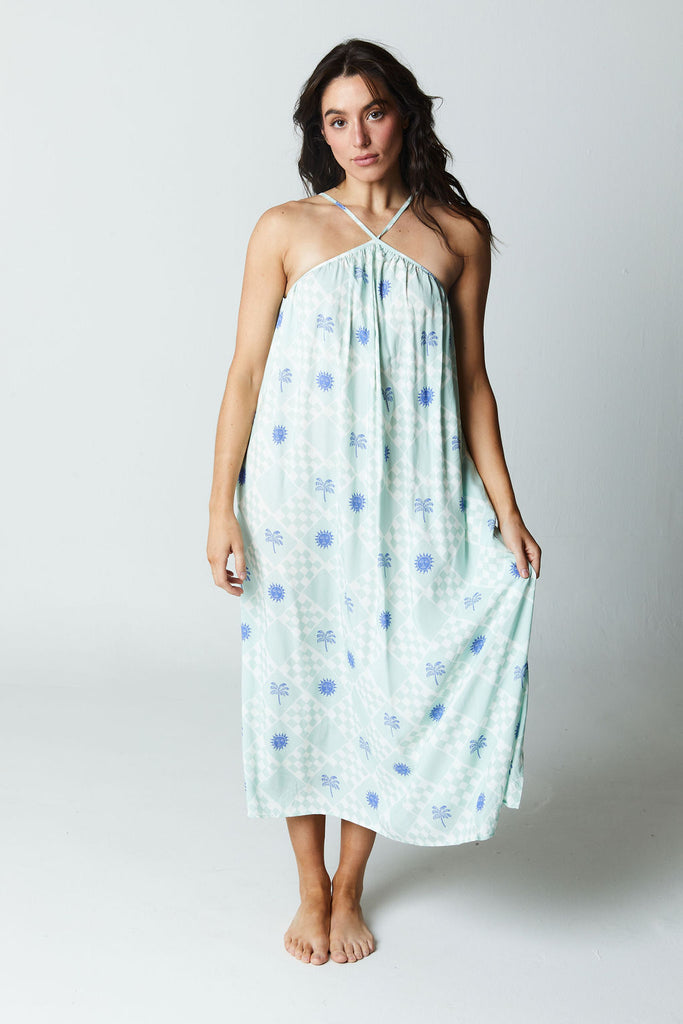 blue and white printed midi dress with halter top