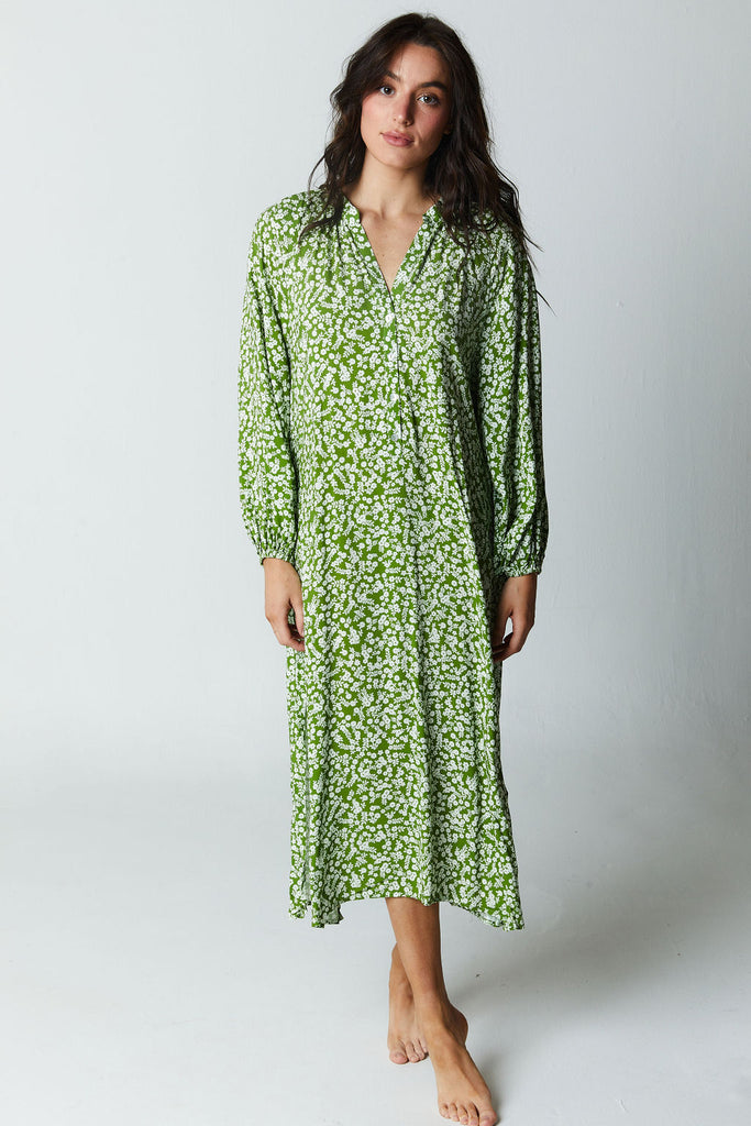 green and white floral printed long sleeve midi dress with vneck 