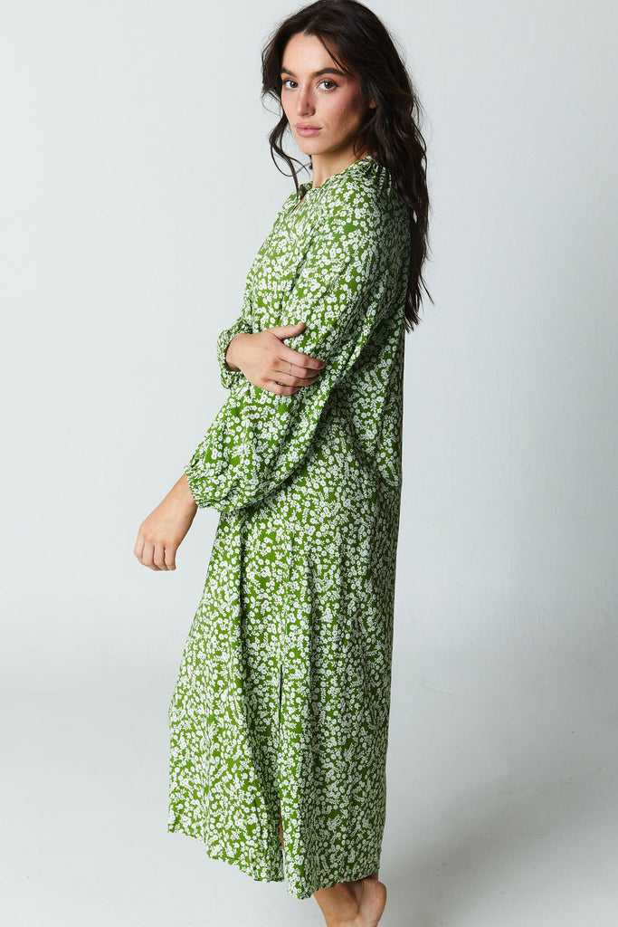 green and white floral printed long sleeve midi dress with vneck 