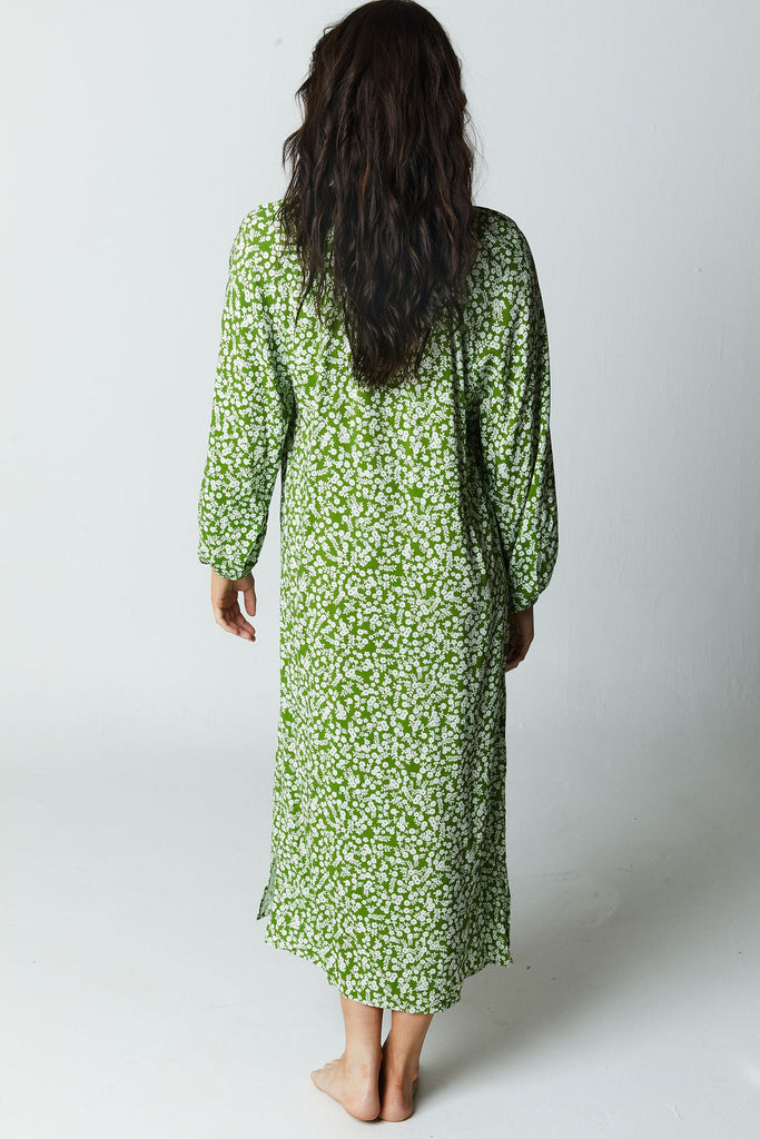 green and white floral printed long sleeve midi dress with vneck 