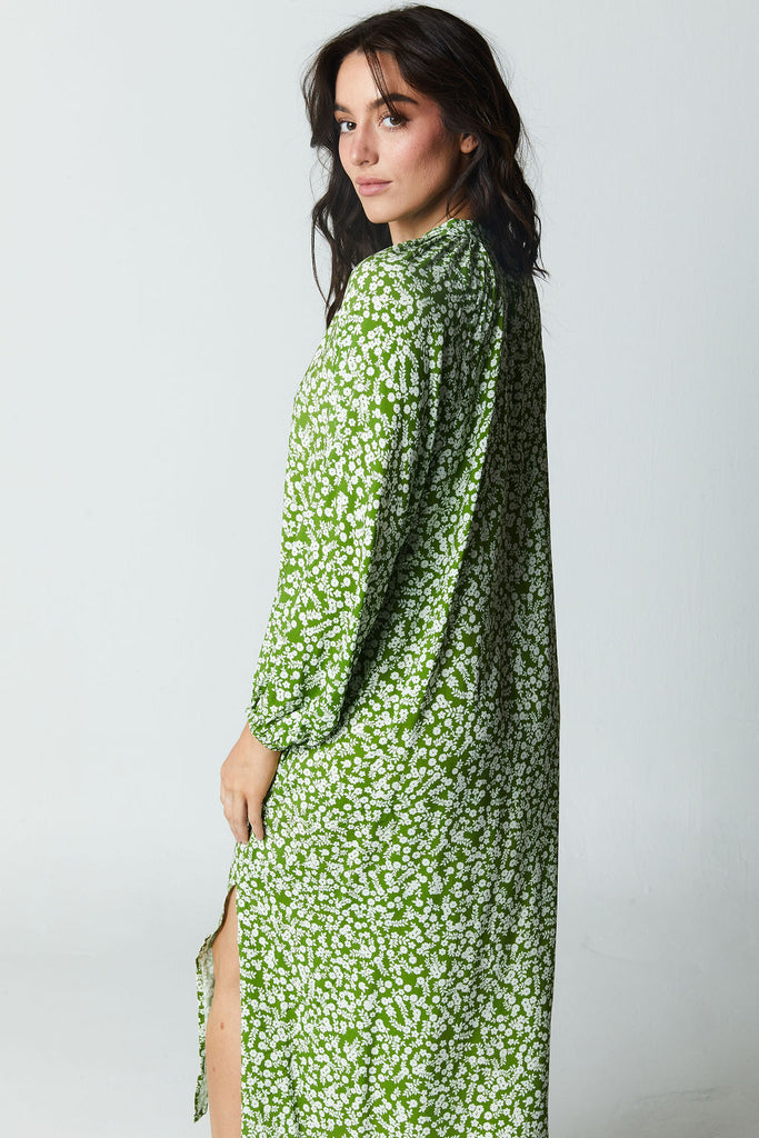 green and white floral printed long sleeve midi dress with vneck 