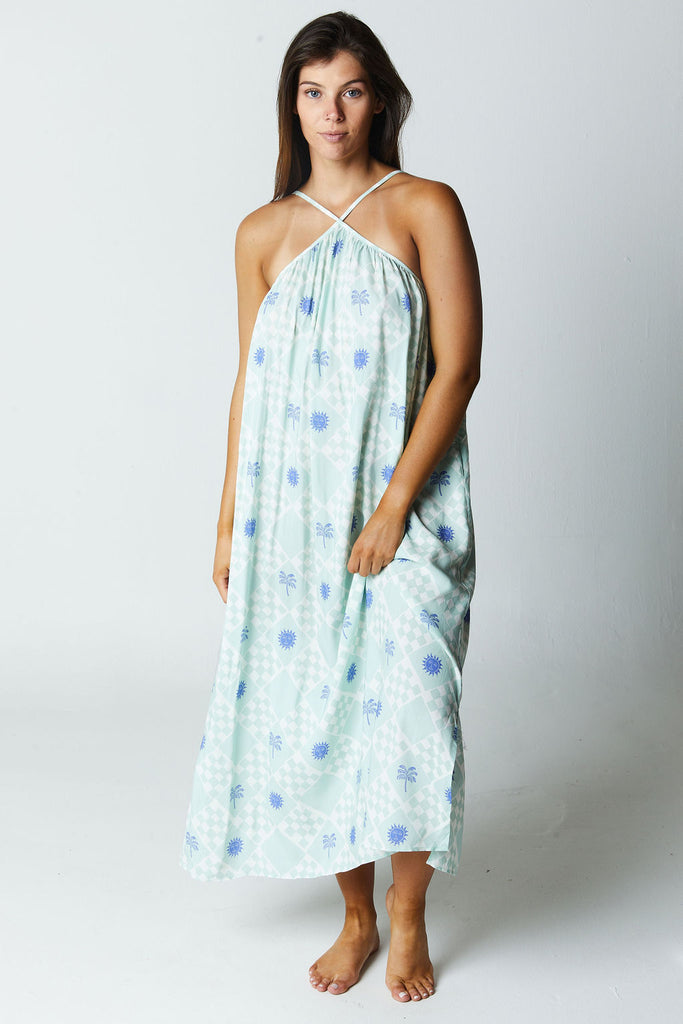 blue and white printed midi dress with halter top