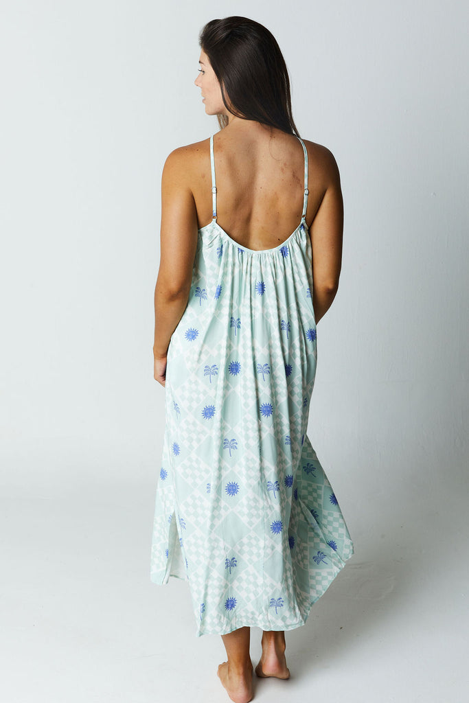 blue and white printed midi dress with halter top