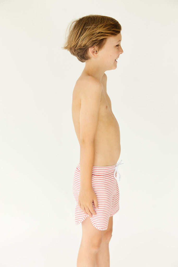 red and white striped boys boardshorts with tie in the front