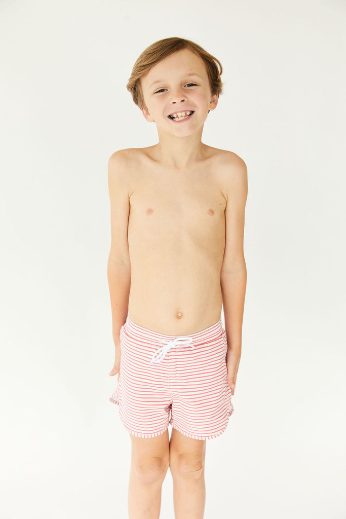 red and white striped boys boardshorts with tie in the front