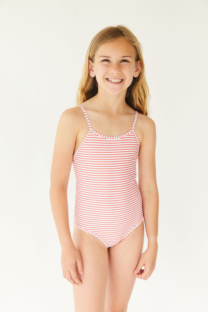 red and white stripe little girls one piece with ties in the back