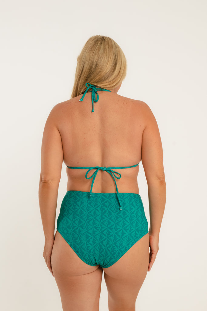 dark green printed bikini top with double thin halter straps and tie back