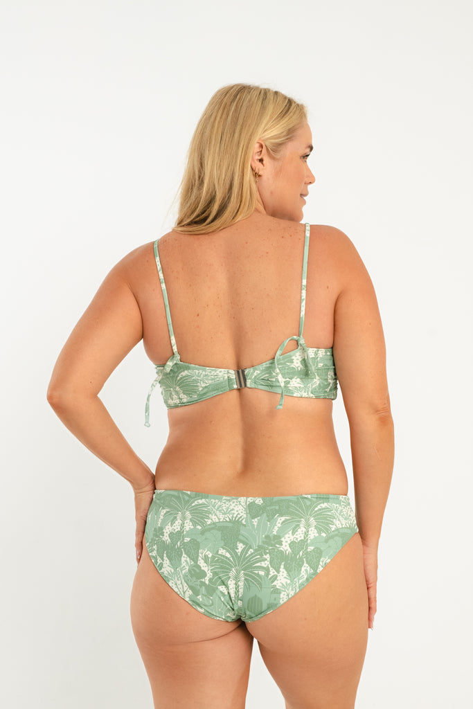 Green and white tropical patterened bikini top with sweetheart knotted front neckline and adjustable straps and a tie back