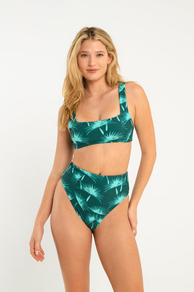 teal and lime palm printed bralette style reversible swim top with thick straps
