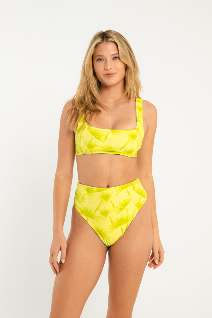 teal and lime palm printed high waisted reversible moderate coverage swim bottoms