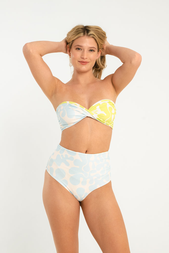 lime green and light blue abstract patterned strapless swim top with twist sweetheart style front reversible