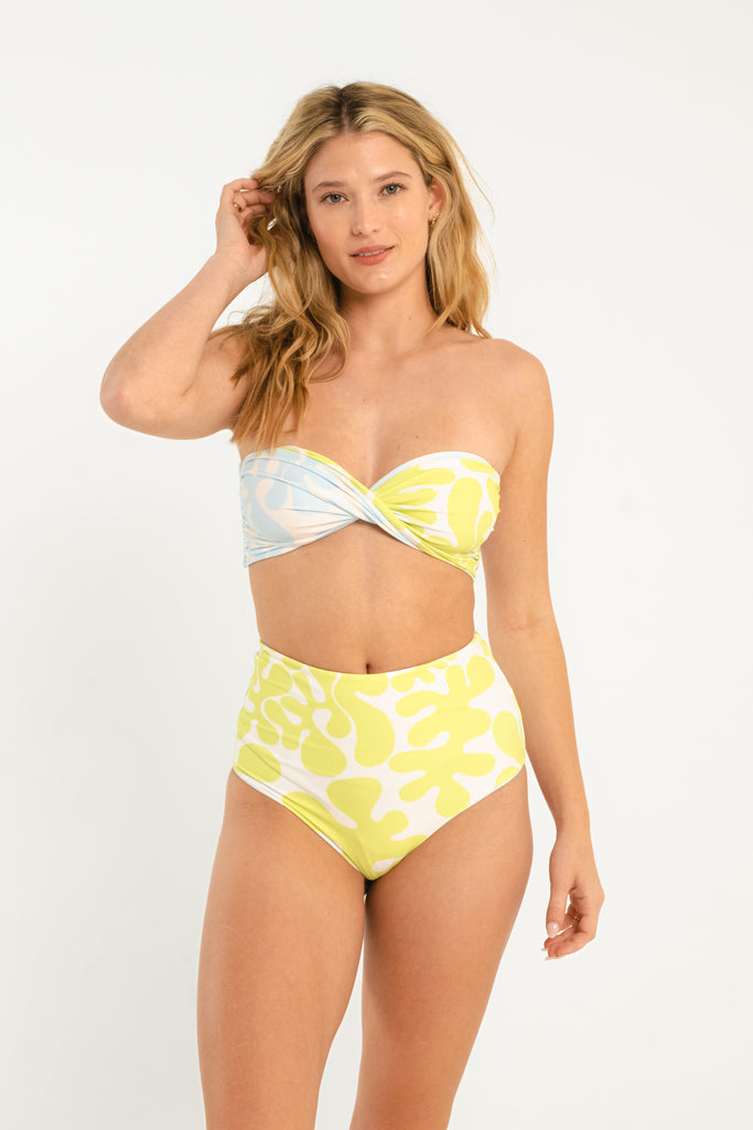 lime green and light blue abstract patterned strapless swim top with twist sweetheart style front reversible