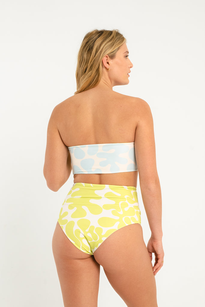 light blue and lime green abstract patterned reversible high waisted full coverage swim bottoms