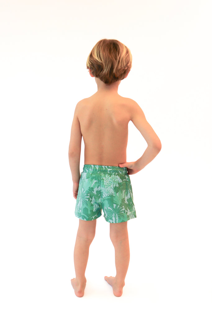 green tropical printed boys boardshort with elastic waist and drawstring tie