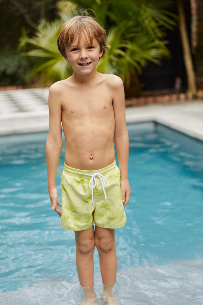 Lime palm printed boys boardshort with elastic waist and back pocket detail