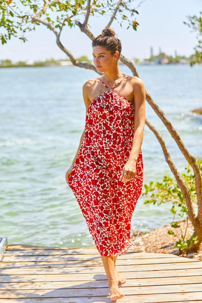 red and white patterned midi dress with halter top