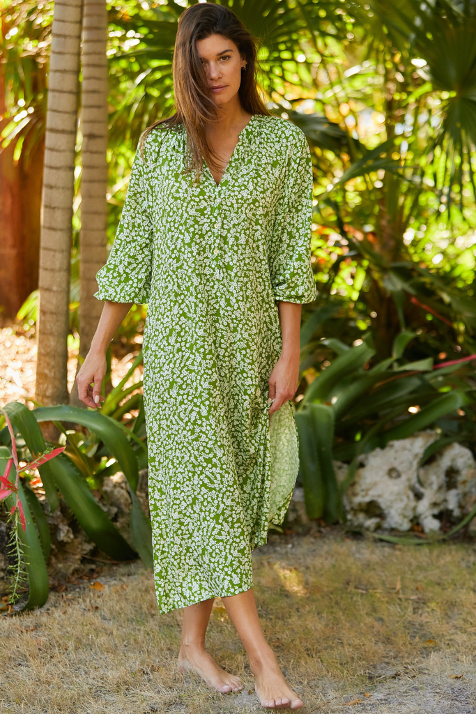 green and white floral printed long sleeve midi dress with vneck 