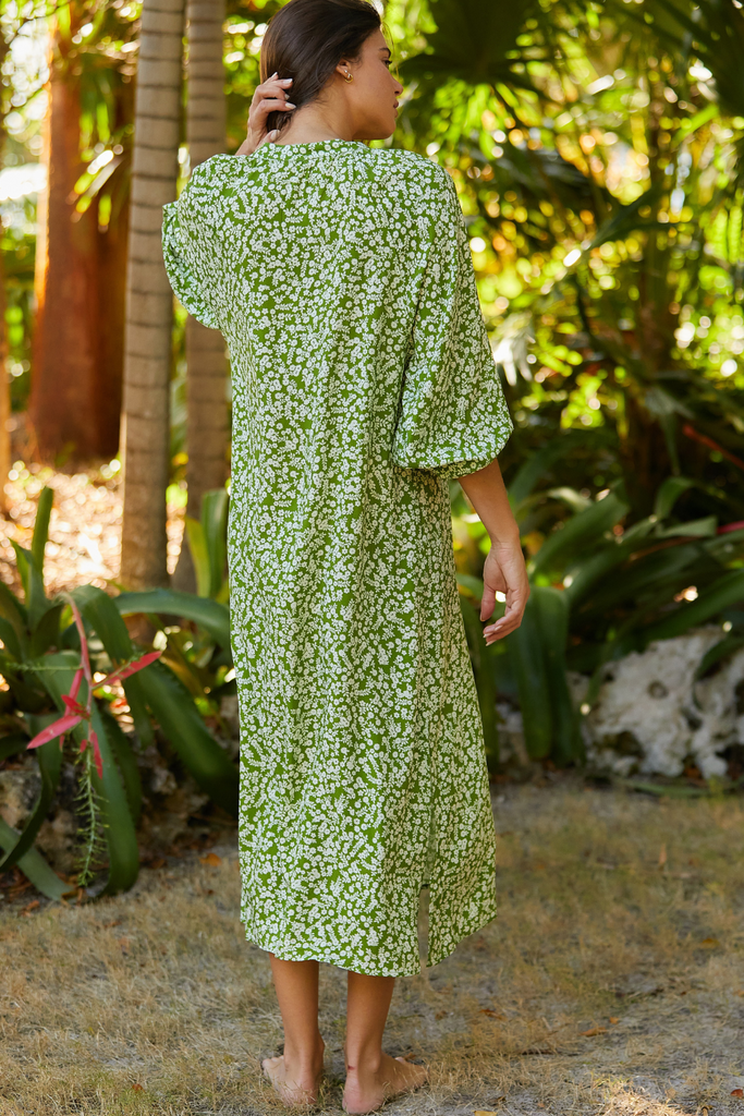 green and white floral printed long sleeve midi dress with vneck 