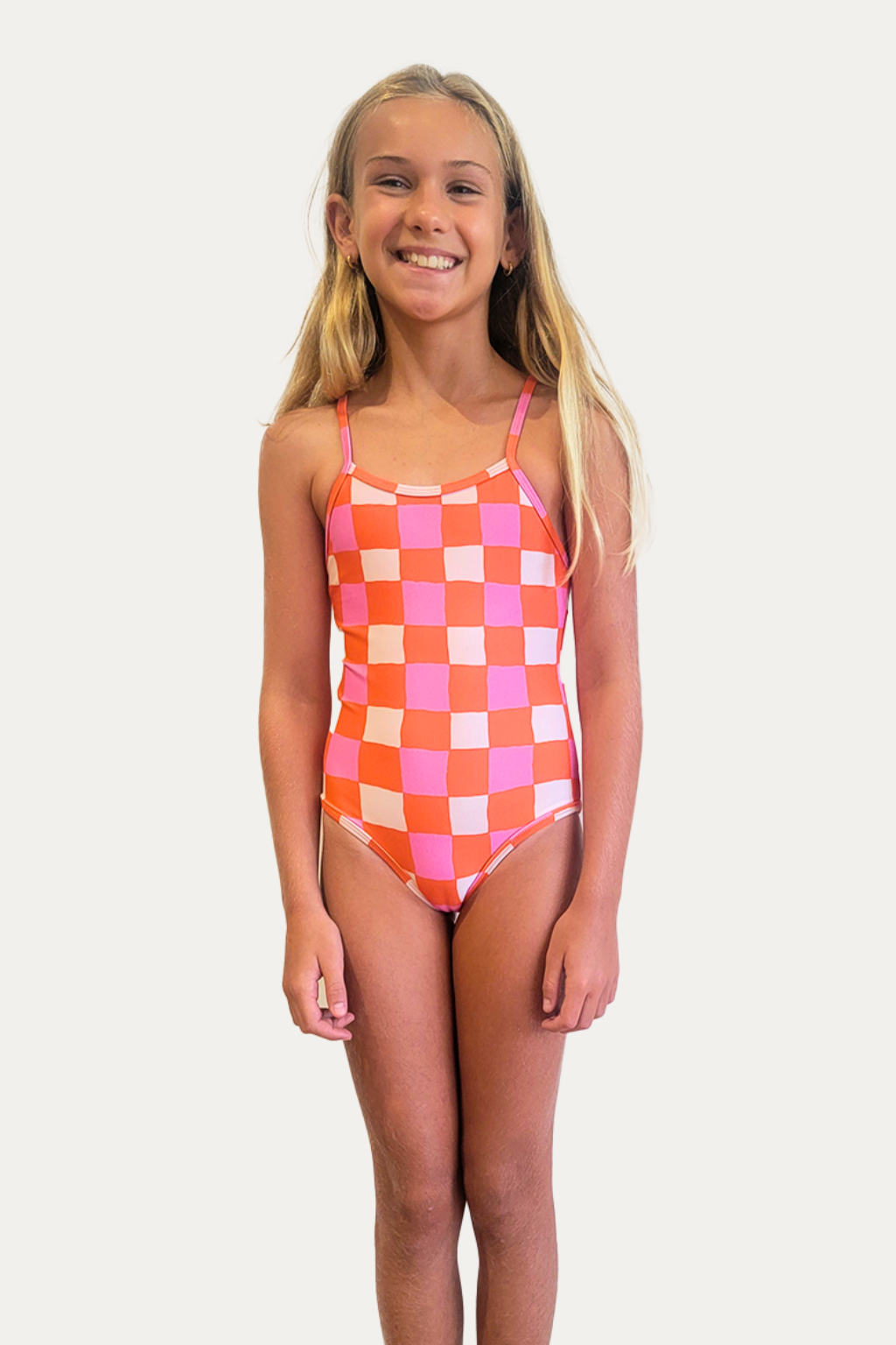 Nell One Piece (kids) // Pink & Orange Check – Citrine Swim