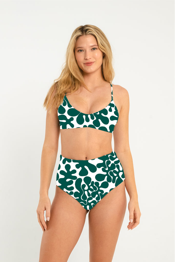 dark green and white abstract printed bralette style bikini top with thin straps 