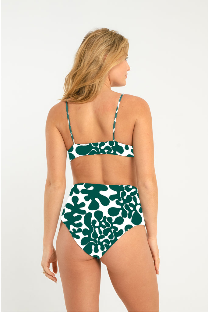 dark green and white abstract printed high waisted bikini bottom with moderate coverage